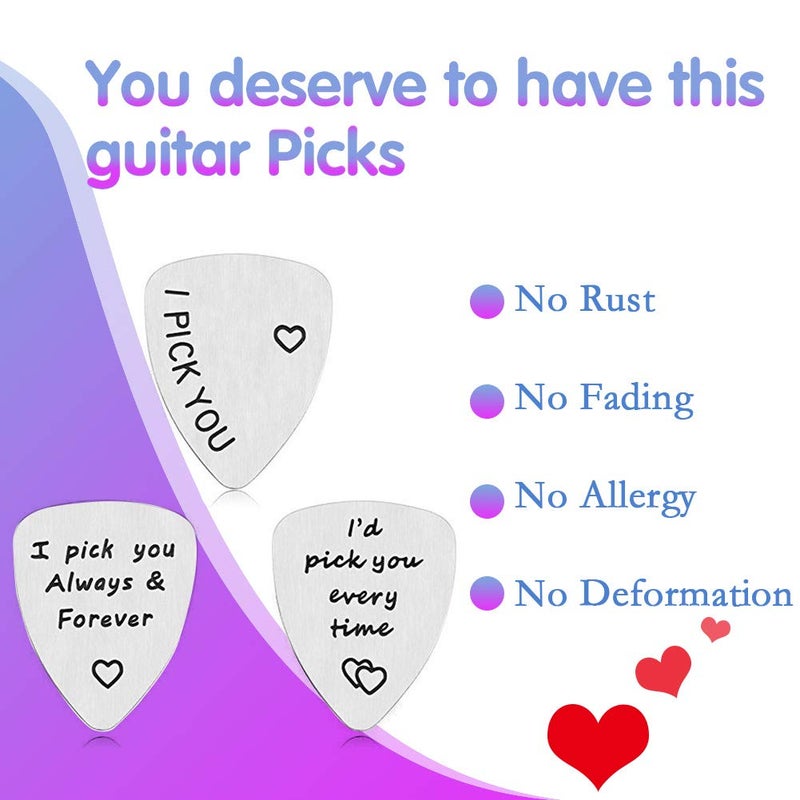 Oubaka 3Pcs Guitar Picks,I Pick You& I'd Pick You Every Time&I Pick You Always&Forever Guitar Pick Gift for Him Musician Husband Boyfriend FiancÃ© Dad - Image 3